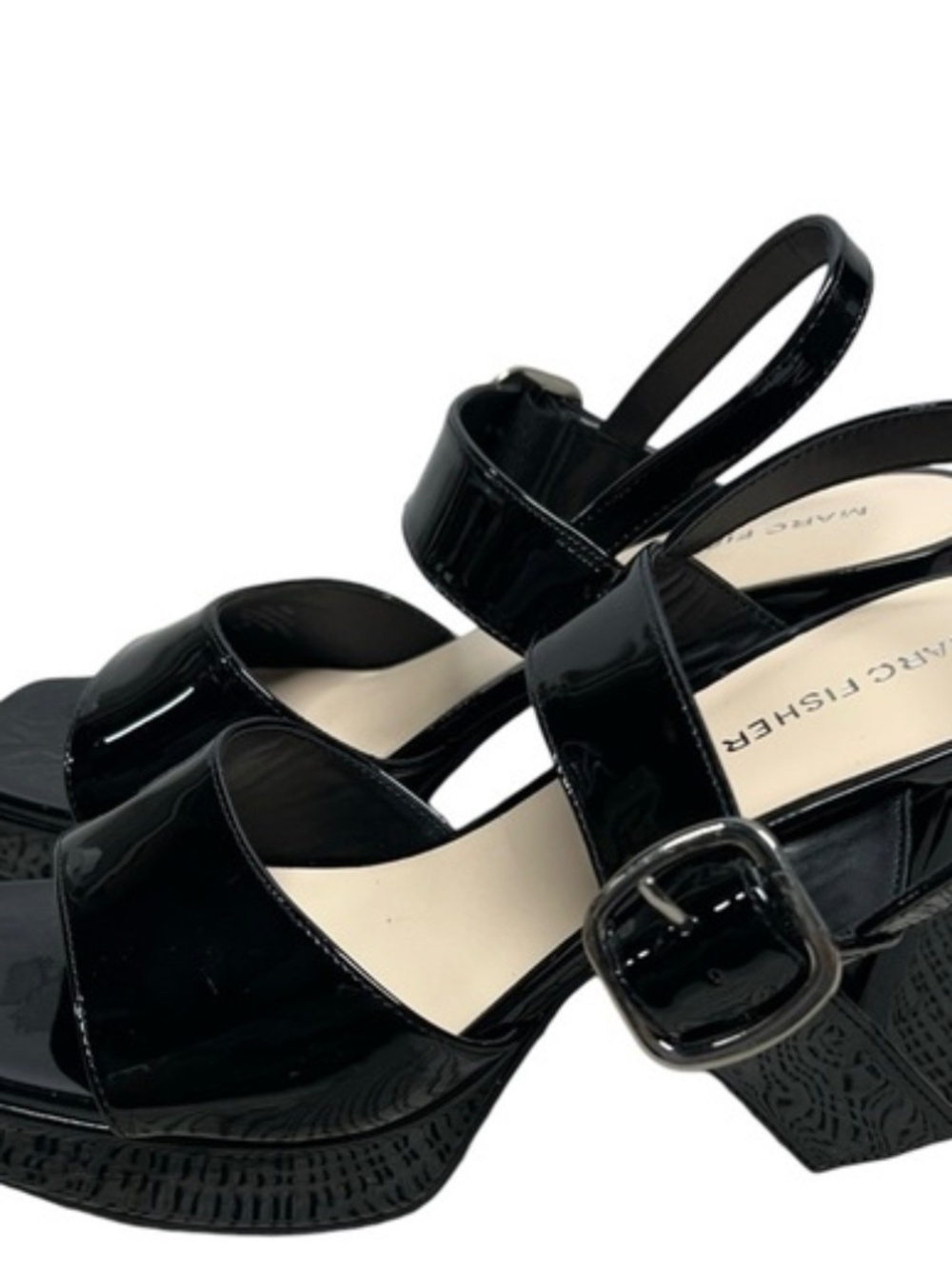 Marc Fisher Black Patent Platform Heels Silver Buckle Size 6M